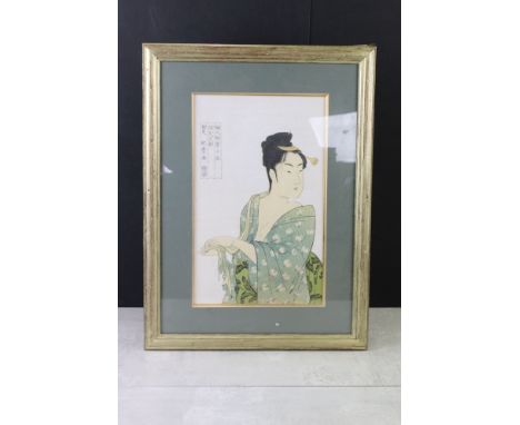 After Kitagawa Utamaro, Woodblock on textured paper, Portrait of a Japanese Lady exposing a bare shoulder, 38cm x 23cm 