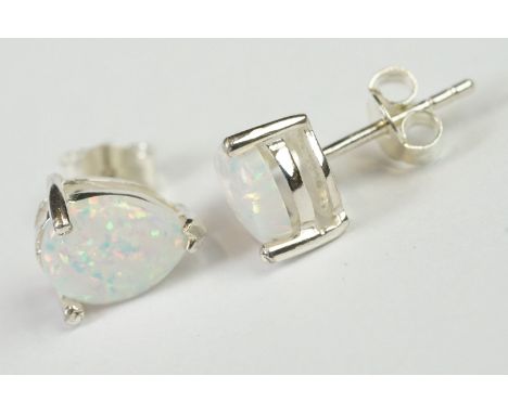 Pair of Pear shaped Silver and Opal Stud Earrings 