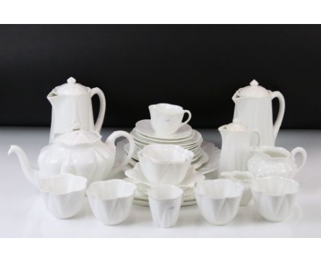 Shelley &amp; Foley Dainty White Tea Wares of moulded lobed form, with leaf decoration (Shelley reg no. 272101), to include 3