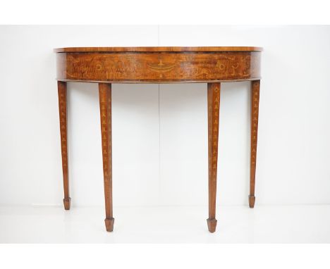 Sheraton Revival Satinwood and Rosewood Cross-banded Demi-Lune Side Table, the top inlaid with a half patera and a border of 