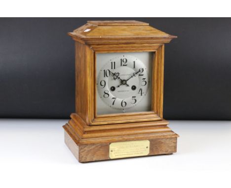 Early 20th Century ' R.A Jones &amp; Sons ' Oak Cased Striking Mantle Clock with silvered dial, Arabic numerals, glazed door,