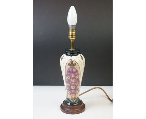 Moorcroft Pottery ' Foxglove ' pattern table lamp, designed by Rachael Bishop, circa 1993, 38.5cm overall height 