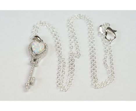 Silver CZ and Opal Key shaped Tiffany style Pendant Necklace 