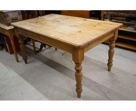 Pine Rectangular Kitchen Table raised on turned legs, 152cm long x 92cm wide x 77cm high 