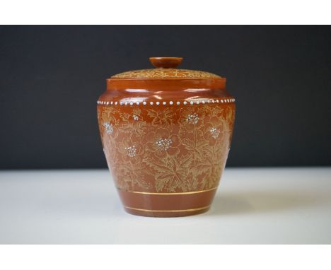 Early 20th Century Doulton Burslem / Lambeth Stoneware Jar &amp; Cover with floral design and beaded enamel detail, on a brow