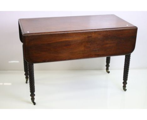 19th century Mahogany Pembroke Table with drawer to end, raised on barley-twist carved legs and castors, 107cm long x 73cm hi