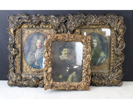 Oil Painting Portrait of a 17th century Gentleman together with a Two Prints of 17th Gentleman wearing Wigs, largest 23cm x 1