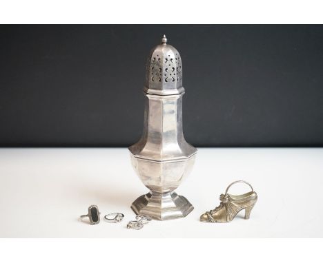 Large Silver Plated Sugar Shaker, Silver Caddy Spoon, Silver Brooch, etc 