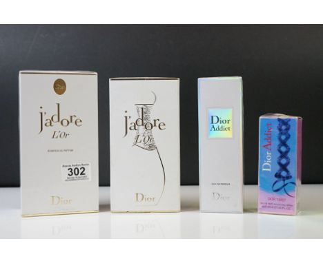 A collection of Christian Dior to include J'adore L'or essence de Parfum, J'adore L'or natural spray, Dior Addict eau de perf
