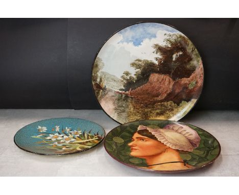 Late 19th Century Doulton Lambeth Charger hand painted with the portrait of a woman, JC monogram to verso (39.5cm diameter, n