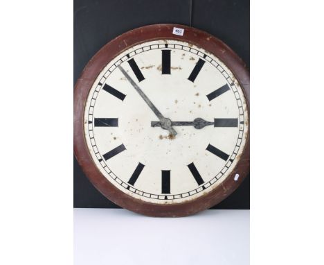 Large Early 20th century Stained Wooden Framed Circular Wall Clock, possibly Station / Factory Clock, with white enamel face,