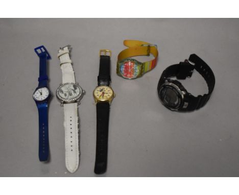 A selection of watches, including Mickey Mouse, Swatch and Casio G shock.