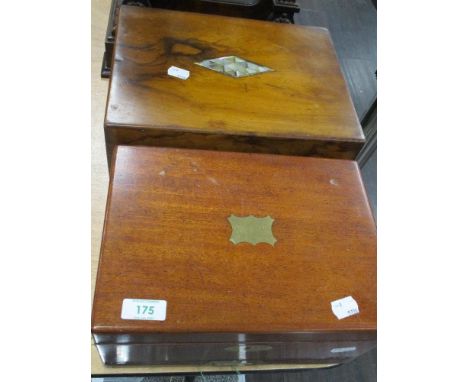 An early 20th century Mother of pearl inlaid jewellery box, having quilted red lining, and another similar jewellery box havi