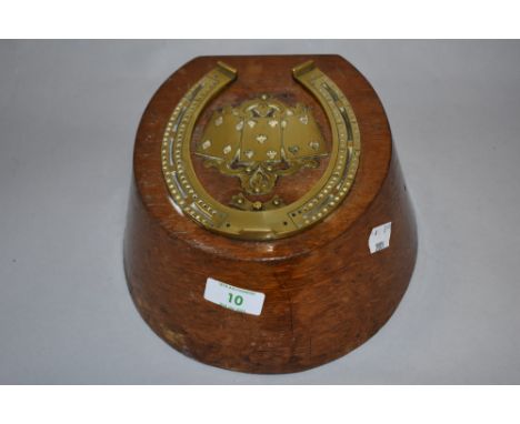 An interesting late 19th Century oak playing card &amp; cribbage board box, the cast brass horseshoe cribbage board surroundi