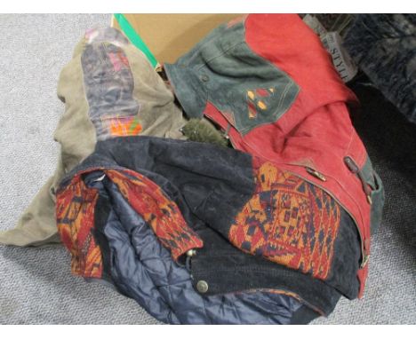 A selection of retro clothes, including vintage rubber mac, 1980s gents suede jacket, 1980s gents velvet and tapestry jacket 