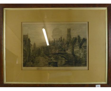19th century School,
a study of a continental city and canal,
indistinctly signed in pencil,
etching,
30 x 45 cm CONDITION RE