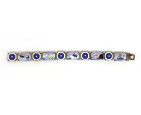 A David Andersen silver gilt bracelet having five enamelled sections depicting traditional Scandinavian scenes interspersed w