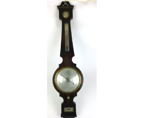 A 19th century banjo barometer, with swan neck pediment over dry/damp dial above thermometer over a silvered weather dial, si