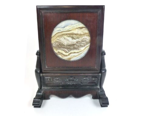 An early 20th century padouk screen of small proportions with with a marble insert over a carved panel, h. 40 cm, w. 33 cm CO