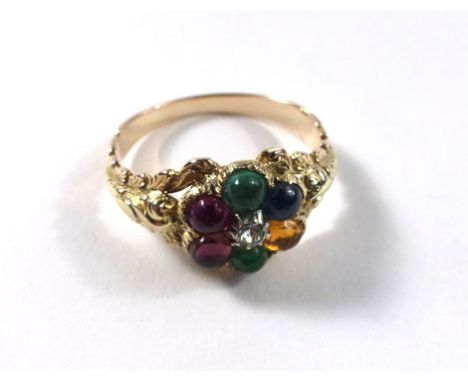 A 19th century yellow gold 'regards' ring set gemstones in a flowerhead setting within a florally engraved mount and having v