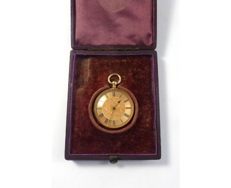 An 18ct yellow gold ladies fob watch, the florally engraved dial with black Roman numerals within an engine turned case ename
