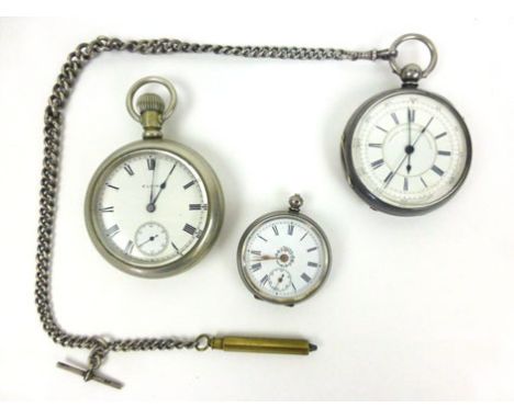 A silver cased open face chronograph pocket watch, the white enamel dial with black Roman and Arabic numerals within a plain 