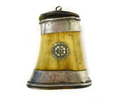 A white metal and bone lidded flask, with horn lid and base, h. 12cm

* Please note: VAT will be added to the hammer price of