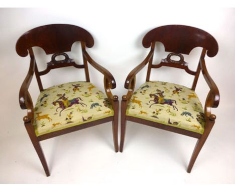 A pair of Empire-type mahogany framed open arm chairs, with hunting scene upholstery, h. 90 cm, w. 58 cm, d. 57 cm, CONDITION