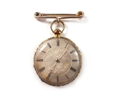 An 18ct yellow gold Continental open face ladies fob watch, the engraved silvered dial with black Roman numerals within an in
