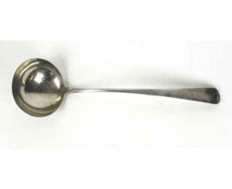 A silver plated ladle having a hand holding crown motif to the end, makers WR