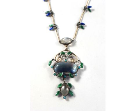 An Art Nouveau 15ct yellow gold and silver necklace, the fine ropetwist chain set seventeen pairs of enamel decorated leaves 