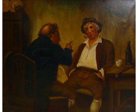 19th century School,
a study of two gentlemen, one smoking a pipe,
oil on canvas,
70 x 90 cm CONDITION REPORT: Restoration- p