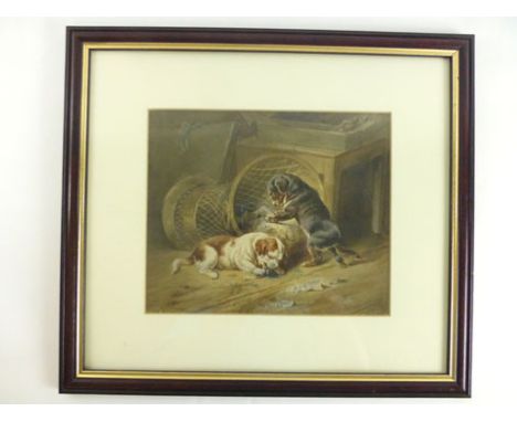 B. Adam (19th century),
a study of two dogs playing with the contents of a wicker container,
signed and dated 1853,
watercolo