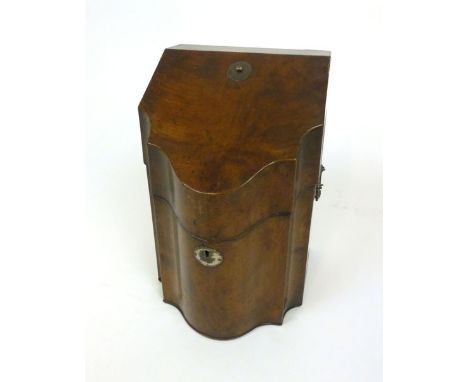 A Georgian Cuban mahogany serpentine fronted knife box with later interior and white metal mounts, h. 34 cm, w. 23 cm, d. 34 