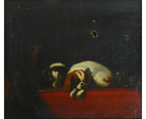 19th century British School,
a study of two sleeping puppies on a red tabletop,
oil on canvas,
24 x 29 cm CONDITION REPORT: F