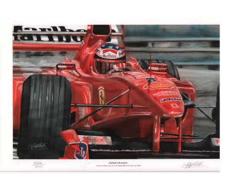  Limited edition print taken from a painting of Michael Schumacher by artist Greg Tillett. Signed and numbered by the artist 