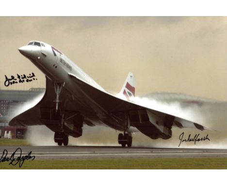  Concorde multi-signed: 8x12 inch photo of a British Airways Concorde taking off signed by senior Flight Engineer, John Lidia