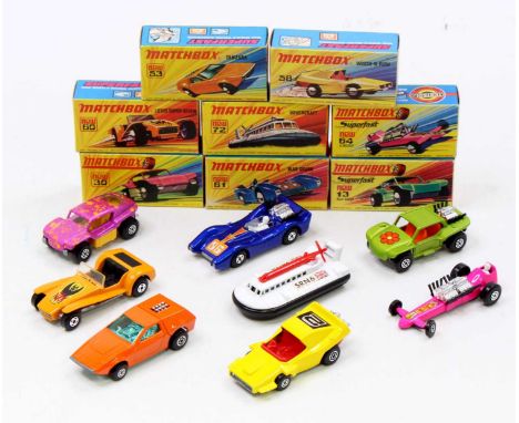 Matchbox Lesney Superfast boxed model group of 8 with examples including No. 60 Lotus Super Seven, No. 30 Beach Buggy, No. 53