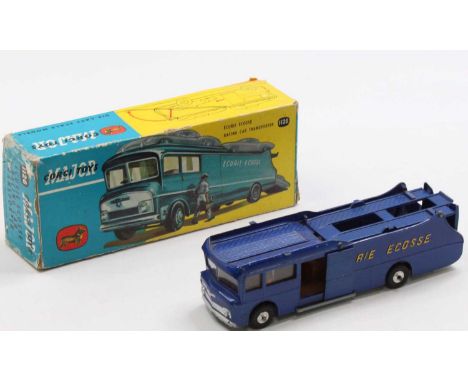 Corgi Toys No.1126 Ecurie Ecosse racing car transporter comprising dark metallic blue body with yellow lettering and spun hub