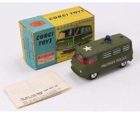 Corgi Toys No. 355 US military police Commer van, military green body with red interior and driver figure, flashing light, wi