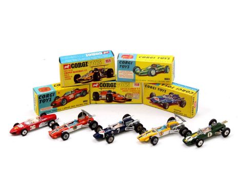 Corgi Toys boxed Formula 1 racing car group comprising No. 154 Ferrari, No. 155 Lotus Climax, No. 156 Cooper Maserati, No. 15