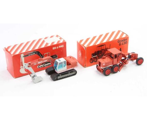 An NZG 1/50 scale O&amp;K construction diecast group to include an NZG 232 G130 grader, together with an NZG 334 RH6 PMS craw