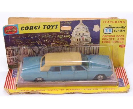 Corgi Toys, 262 Lincoln Continental Executive Limousine, light blue body with cream roof and blue interior, spun hubs, with T