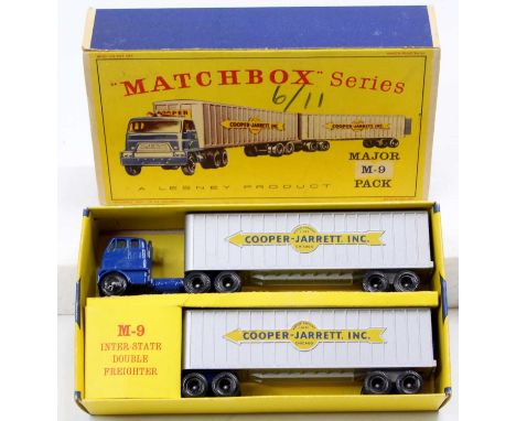 A Matchbox lesney Major Pack M9 Cooper Jarrett Interstate Freighter, blue tractor unit, with silver trailers, and "Cooper-Jar