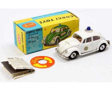 Corgi Toys No. 492 Volkswagen 1200 Beetle European Police Car, rare Dutch "Politie" issue with an all white body, tan interio