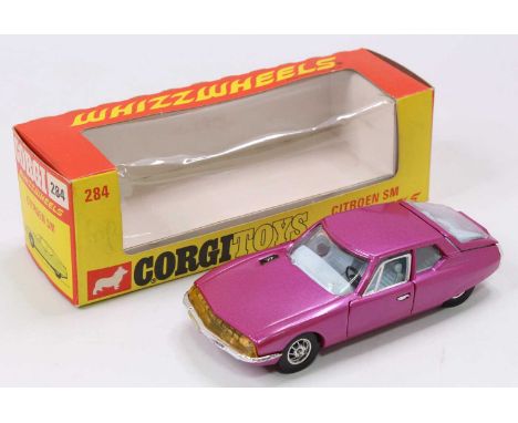 Corgi Toys, 284, Citroen SM Whizzwheels, metallic pink body with light blue interior, original window box (NMM-BNMM)