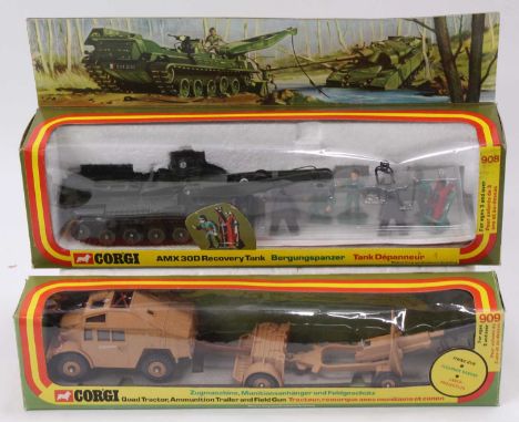 Corgi Toys Military boxed group of 2 comprising No. 908 AMX 30D Recovery Tank, finished in military green, with rotating jib 