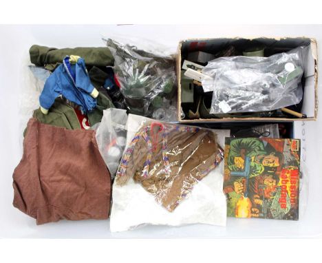 A large box containing a collection of mixed vintage Action Man Pallitoy accessories and clothing to include Arsenal tracksui