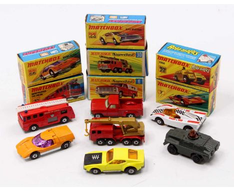 Matchbox Lesney Superfast boxed model group of 7, with examples including No. 35 Merryweather Fire Engine, No. 44 Boss Mustan