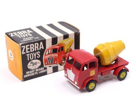 Zebra Toys Benbros No.16 / 100 Readymix Concrete lorry, comprising red cab and chassis with a light yellow barrel and Cement 